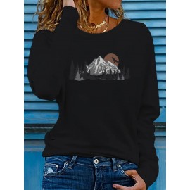 Women'S Mountain & Sunset Graphic Sweatshirt - Casual Long-Sleeve Pullover with Trekking Silhouette Design, Stretchy Polyester Blend, Round Neck, Spring/Summer Top, Machine Washable, Outdoor Casual Wear|Casual Style|Stretchy Fabric